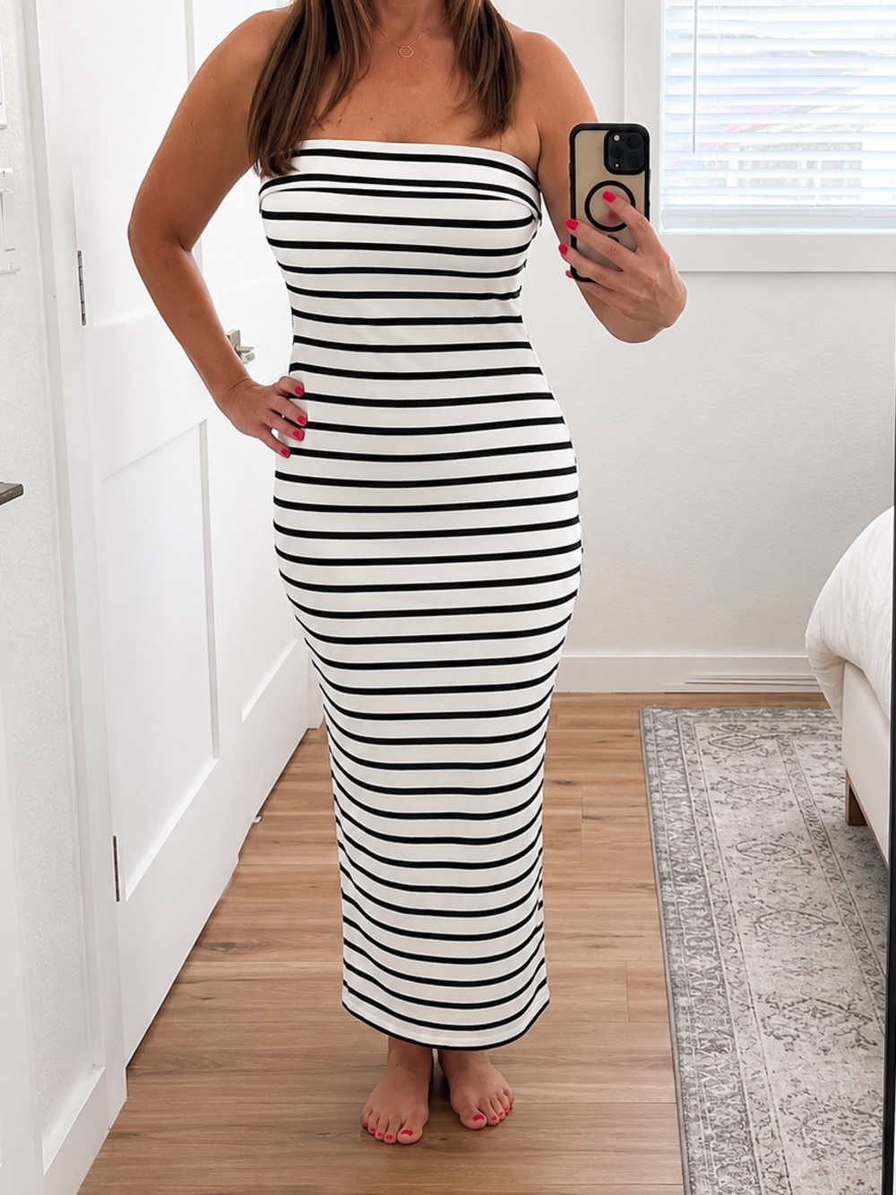 Striped Strapless Maxi Dress - Black & White